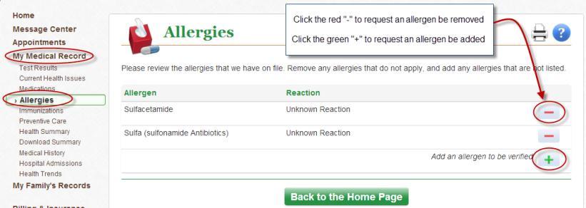 Allergies Click My Medical Record Click Allergies Request an Allergen be Removed Click the red - Add a description about why the allergen should be removed Click Accept Request an Allergen be Added