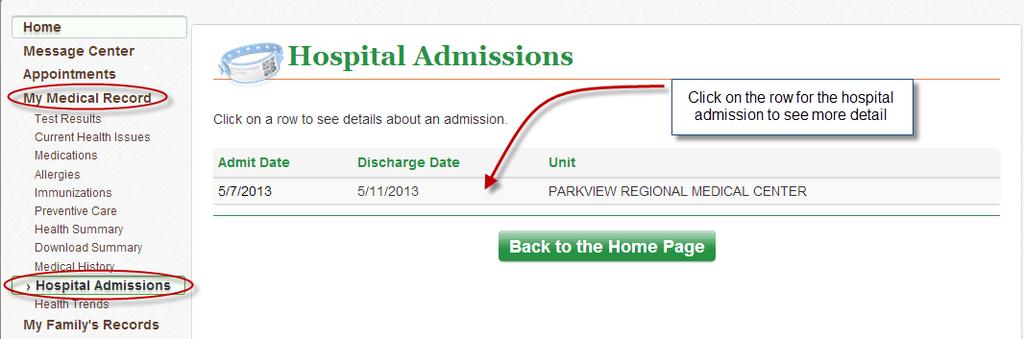 Hospital Admissions Click Medical Records Click Hospital Admissions