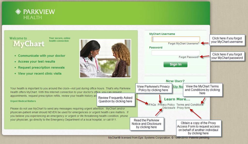 Use this page to: Login to your MyChart account Reset your username or password Access Parkview s Privacy Policy Review
