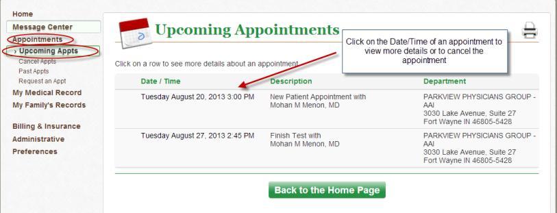 Upcoming Appointments Click Appointments Click Upcoming Appointments To view more details or to cancel the appointment,
