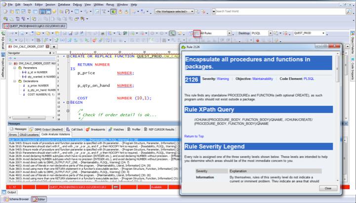 Figure 4. Database developers can see and correct coding violations right in the Toad Editor. 6.
