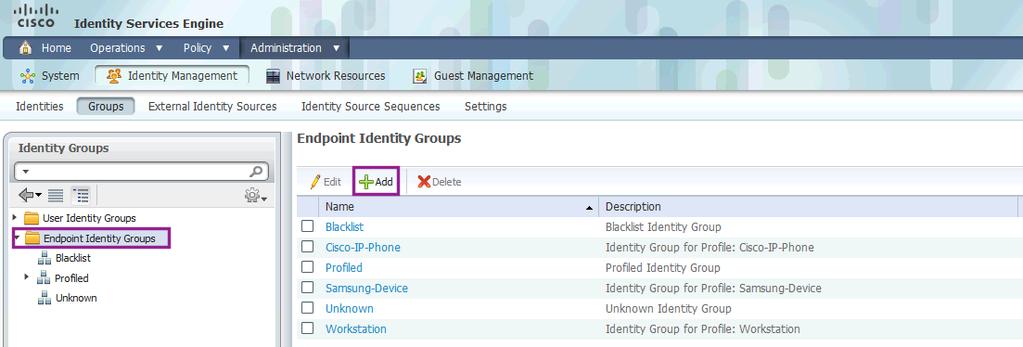 Groups à Endpoint Identity Groups. Click Add. Figure 15.