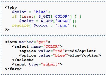 Injection via file inclusion 2. PHP code executed by server 3. Now suppose COLOR=http://