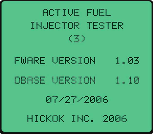 On AFIT: The Start Up Logo screen and the ACTIVE FUEL INJECTOR TESTER current Version Stamp screen for the AFIT