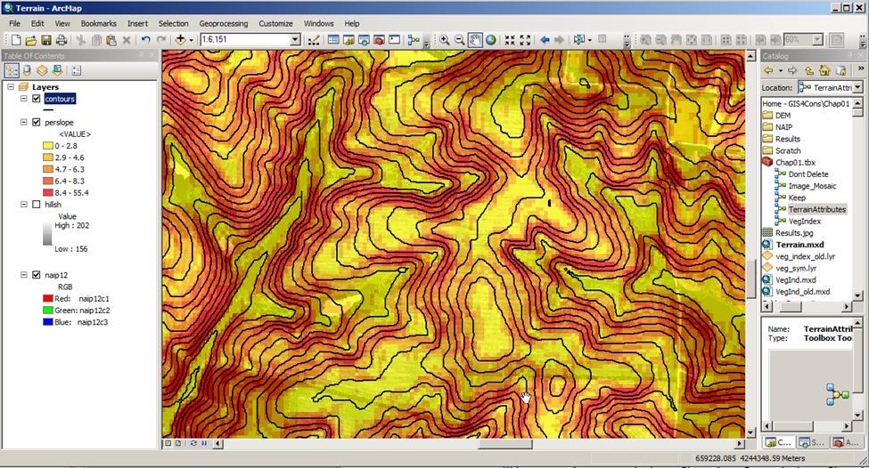Page 13 of 16 Figure 2.3.12. Hillshade map of field. Next, you will create a slope map with contours.