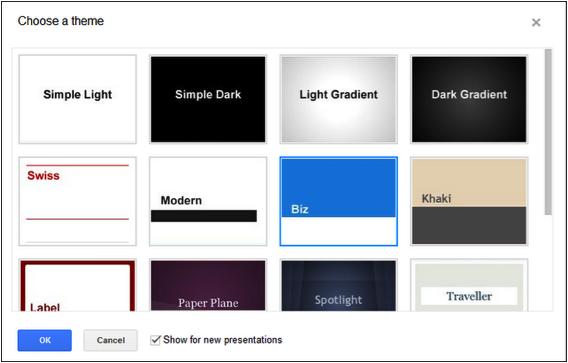 A blank presentation opens. You start by choosing a theme. The theme window looks like the image on the right. Click one of the colored themes.