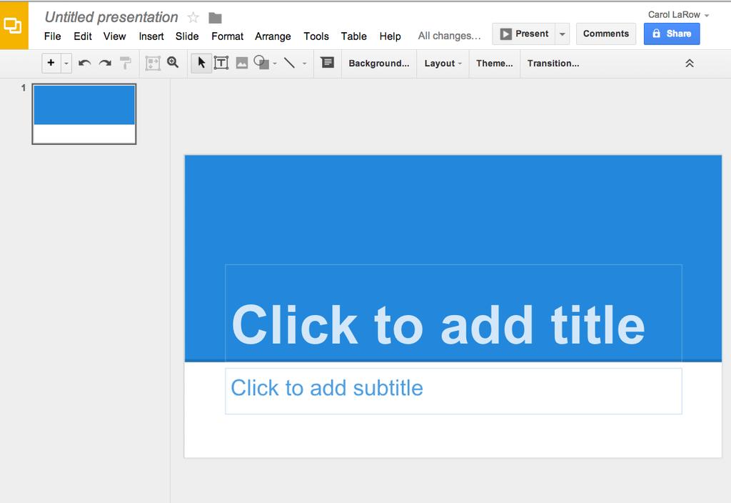 A window opens, allowing you to enter a title Give the presentation a title You can change this later by clicking the name of the title again. 1. Start adding content to the first slide 2.