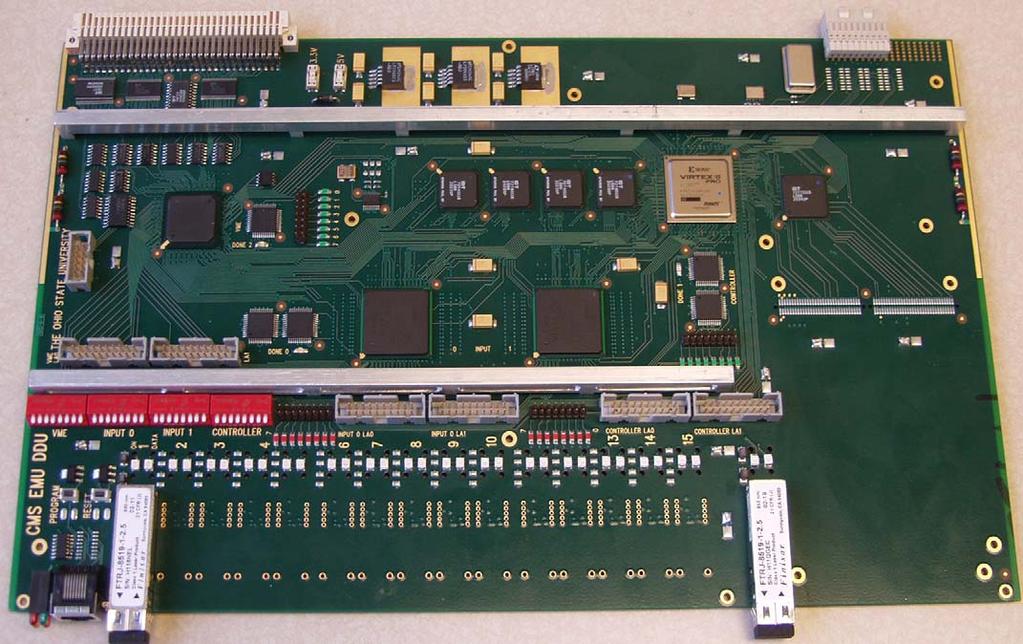 VME FPGA XILINX Virtex2-500 EMU FED: DDU Prototype DMB Input FPGAs 2 XILINX Virtex2Pro-20 4 Input FIFOs 512 KB each GBE FIFO 1024 KB 9U VME board, 220 mm depth FMM output port
