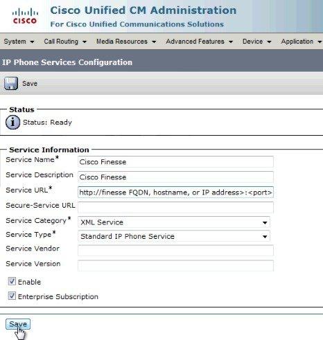 Cisco Finesse Configure Finesse IP Phone Service in Unified CM To automatically subscribe all phones in the cluster to the Finesse service, check the Enterprise Subscription check box, and click Save.