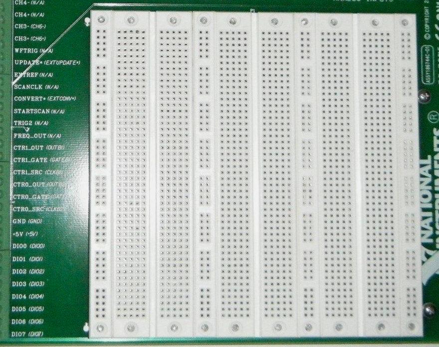 SC-2075 Breadboard by NI: prototyping area 4 arrays of 2x40 holes - all the holes in each 40 hole column are short circuited 6