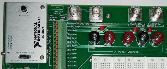 SC-2075 Breadboard by NI: power supply LEDs connector for external power supply potentiometer control GND reference for adjustable + 5V power