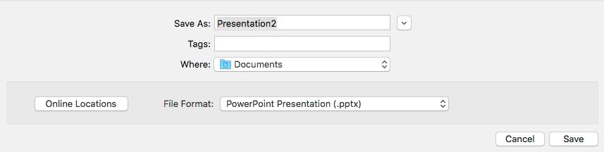 Once you have specified a name and a place for your new file, press the Save button. By default, the format for PowerPoint 2016 is.pptx (Figure 3 ) Figure 2.