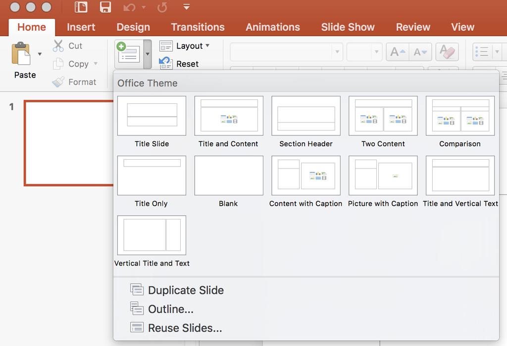 4. Home Tab New Slide To add an additional new slide to your presentation go to the Home Tab > New Slide.