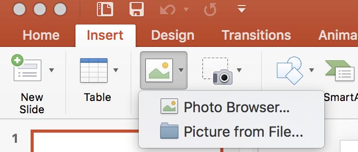 5. Insert Tab Pictures To insert a picture into your presentation select Insert > Picture (Figure 9).