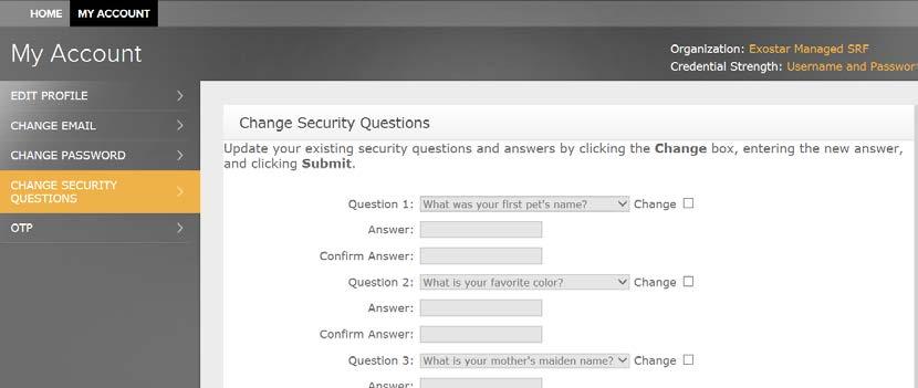 Each of your question and answer combinations must be unique. The answers to the security questions are case-sensitive.