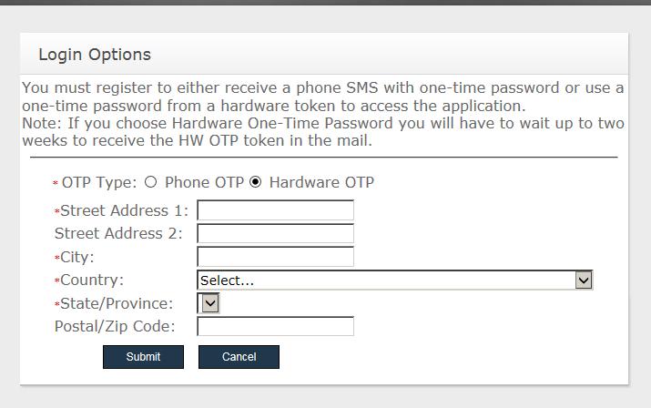4. For OTP Hardware, enter your address and click Submit.