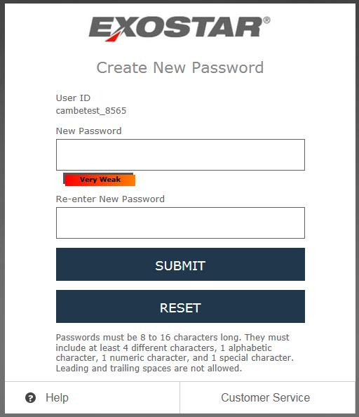 5. Enter your new password. Reenter the password for confirmation. Click Submit. Reminder: Passwords must be 8 to 16 characters long.