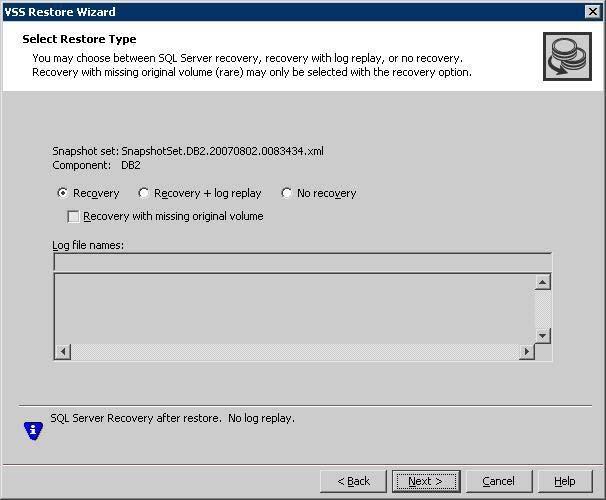 Recovering a SQL Server database Recovering using snapshots without log replay 83 To recover a database without log replay using the VEA 1 Close the SQL GUI and all Explorer windows, applications,