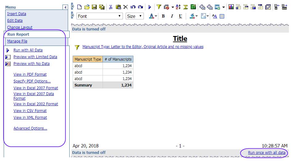 Clarivate Analytics ScholarOne Manuscripts COGNOS Reports User Guide Page 29 INSERTING FIELDS INTO A REPORT To insert fields from the data tree into a report, either double-click the field or drag