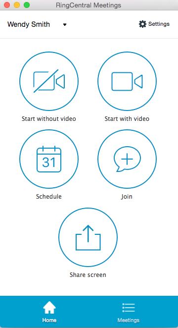 Get to know RingCentral Meetings Smartphone and tablet 7 RingCentral Meetings for Mac home screen. Start without video. Start a meeting by sharing your screen with participants.. Start with video.