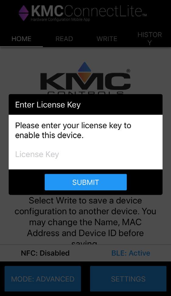4. Touch the KMC Connect Lite app icon 6 to open the app. KMC Connect Lite 6 KMC Conn...KH The Enter License Key screen displays the first time KMC Connect Lite 5. Input the information 7. 6. Touch Submit 8.