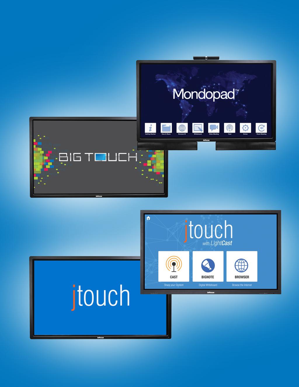 InFocus Solutions Mondopad Touchscreen collaboration solution for video conferencing, whiteboarding and more BigTouch Touchscreen with built-in Win8 PC JTouch Whiteboard with LightCast Touchscreen