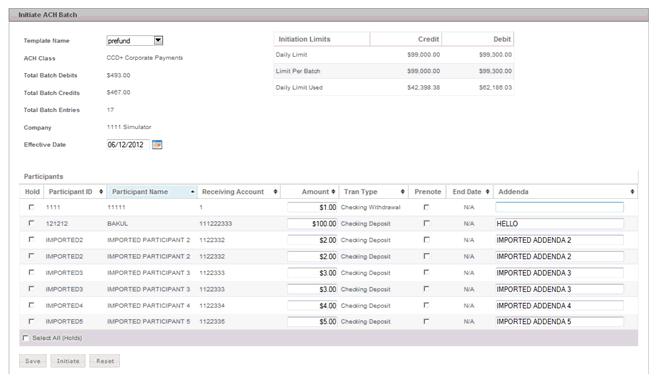 To process the net payroll amounts, select the template on the Initiate Batch screen, and then review all of the transactions and specify an effective date.
