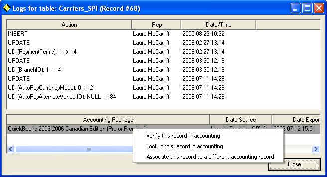 Record Logs Each record has a record log, which indicates a connection to the QuickBooks database if it has been previously exported or suppressed.