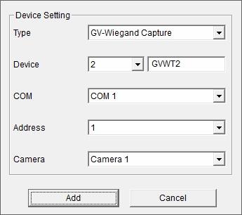 Click the New button. This dialog box appears. Type: Select GV-Wiegand Capture.