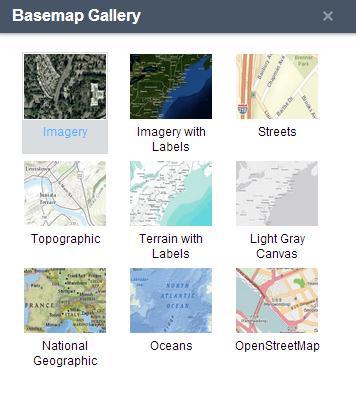 Basemap Gallery The basemap icon has a selection of themes to view the map in.