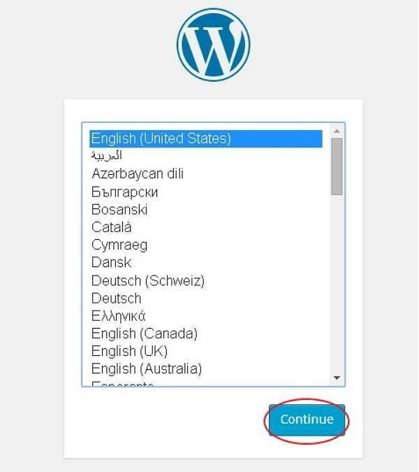 Select your language for the WordPress and click on Continue.