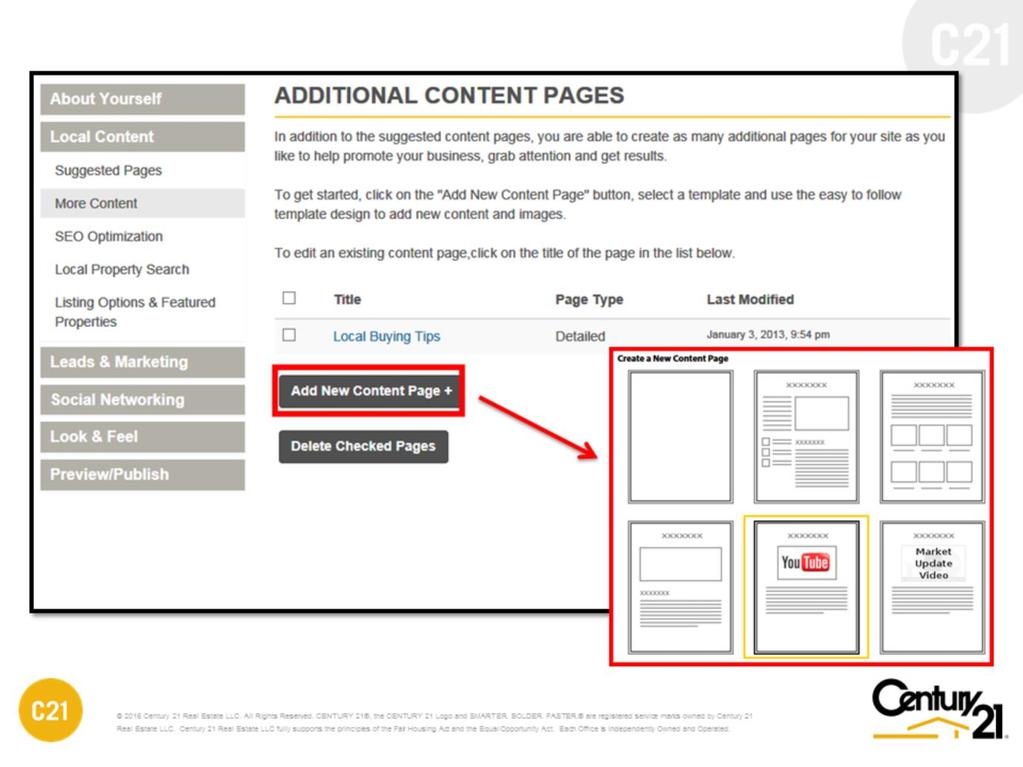 ADDITIONAL CONTENT PAGES Create your own content page using the custom content page wizard.