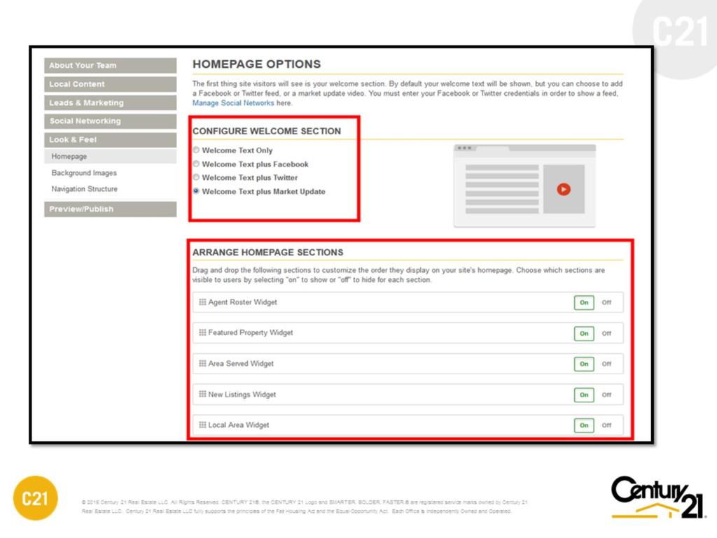 HOMEPAGE OPTIONS (Residential and Commercial) In this section you can configure the welcome message to your liking.