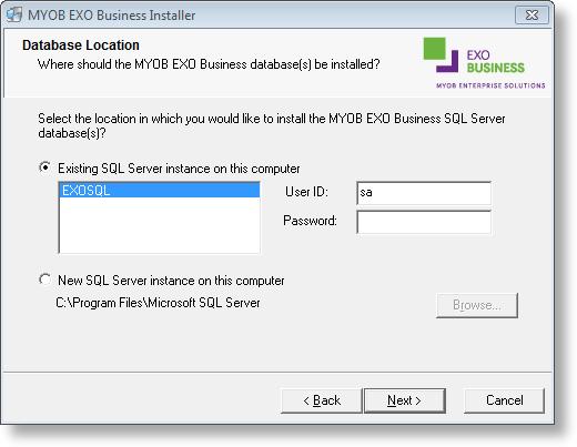 8. If you chose to install the MYOB EXO Business Database components, you must specify where to install the database: To install on an existing SQL Server instance, select the instance and enter a