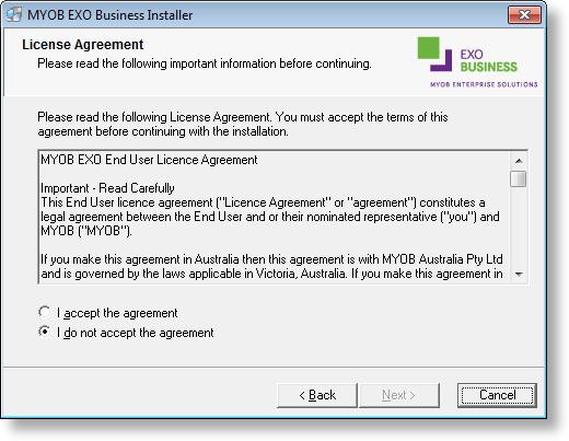 Insert the MYOB EXO Business CD and select Install MYOB EXO Business on the Install tab.