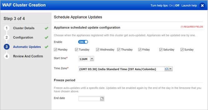 Upgrading WAF clusters Schedule appliance auto-update Schedule appliance auto-update You can choose when the appliances registered with a cluster get auto-updated.