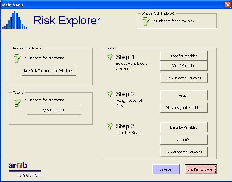 1 Main menu The Risk Explorer s main menu screen is the starting point for the user.