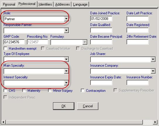 Professional Tab In the Professional tab you must select the Role (Mandatory), you also have the option to select the Main and Interest Speciality from the dropdown lists.