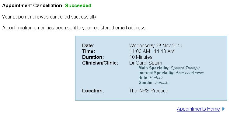6. An Appointment Cancellation: Succeeded confirmation message is displayed.