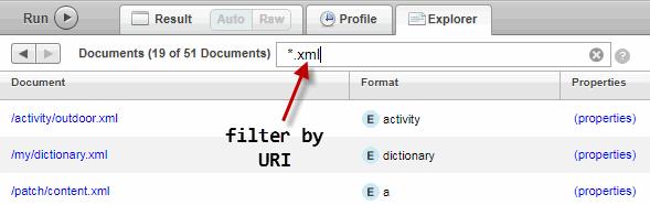 For example: For each document in the database, the summary includes the document URI, the type and name of the root node, a link to the document properties, and a link to