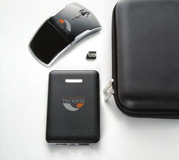 Faux leather 5000 mah power bank and foldable wireless mouse tech gift set. Packaged in a nice zipper case.
