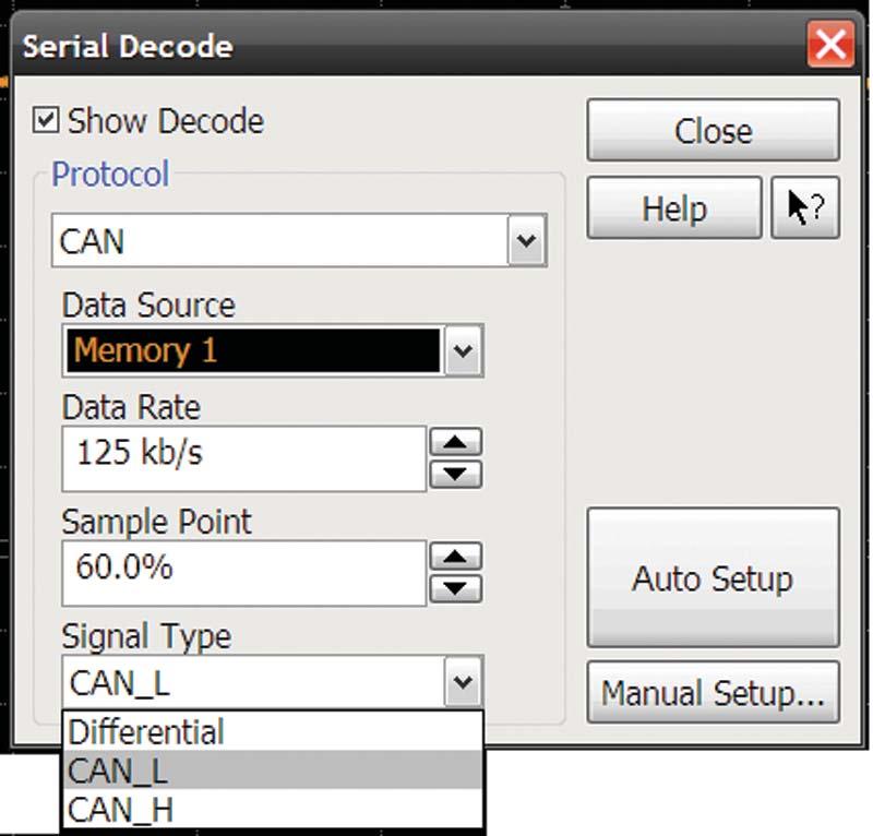 is met. CAN trigger Quickly set up trigger for a unique frame or error condition. Specify the CAN signal type.