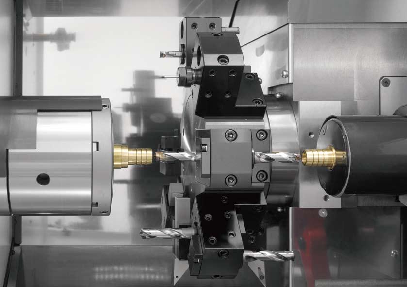 Cycle time shortened by superimposition control A turret incorporating X, Y and Z axes (HD1) and a sub spindle incorporating X and Z axes (SP2) open up the possibility of machining by superimposition