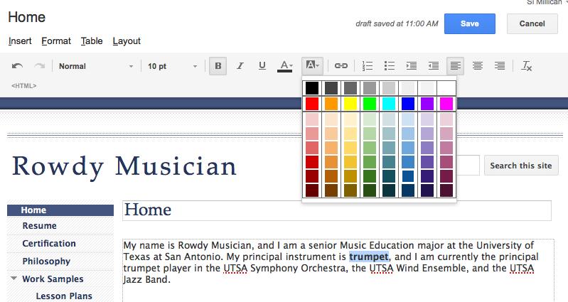 Creating a Google Sites Electronic Portfolio Page 12 of 12 Let s say I wanted to change the format of some of the text perhaps I want to make the word trumpet