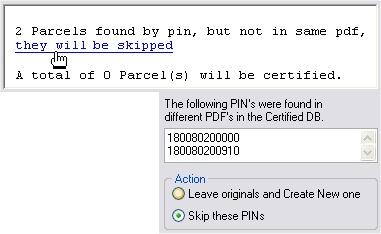 The parcel's corresponding PDF(s), Map Area(s), and Taxing District(s) must be selected. Select Yes when asked to continue with certifying parcels. The options screen will appear with your selections.
