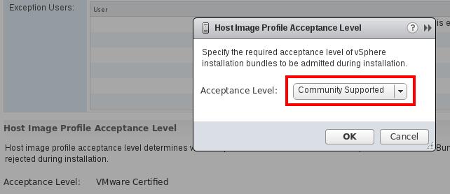 Select Security Profile in the System category At the very bottom, select edit on Host Image Profile Acceptance Level Switch to Community Supported and confirm with OK Install VIB package (in the ESX