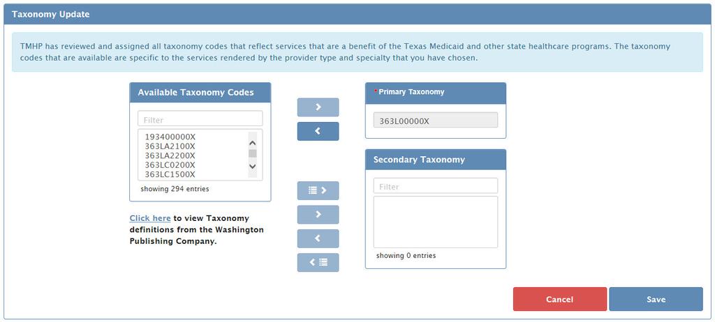 The Taxonomy Update section allows you to change primary and secondary taxonomy codes.