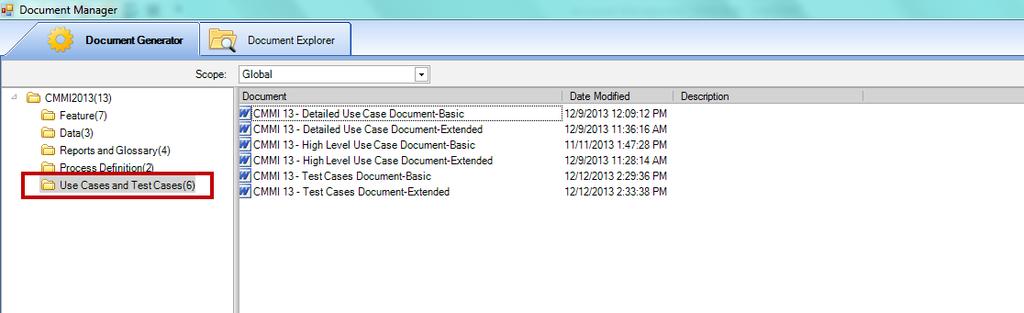 Generating Use Case and Test Case Documents 1. Select the HOME tab, and click Document Manager option. 2. Document Manager window will appear.