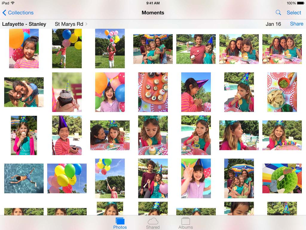 The Photos app includes tabs for Photos, Shared, and Albums. Tap Photos to see all your photos and videos, organized by Years, Collections, and Moments.