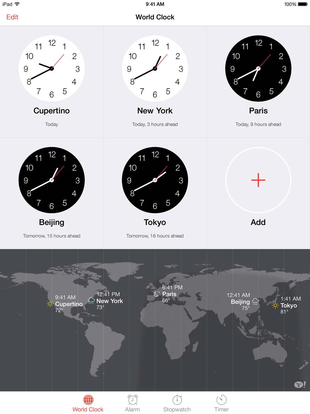 Add other clocks to show the time in other major cities and time zones.